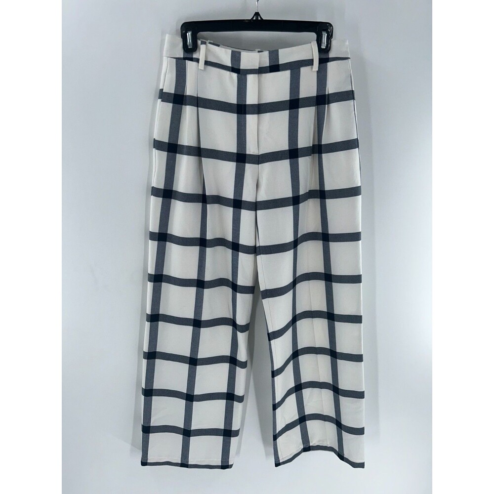 Women's Zara Basic Blue White Windowpane Wide Leg Cropped Ankle Pants Size S